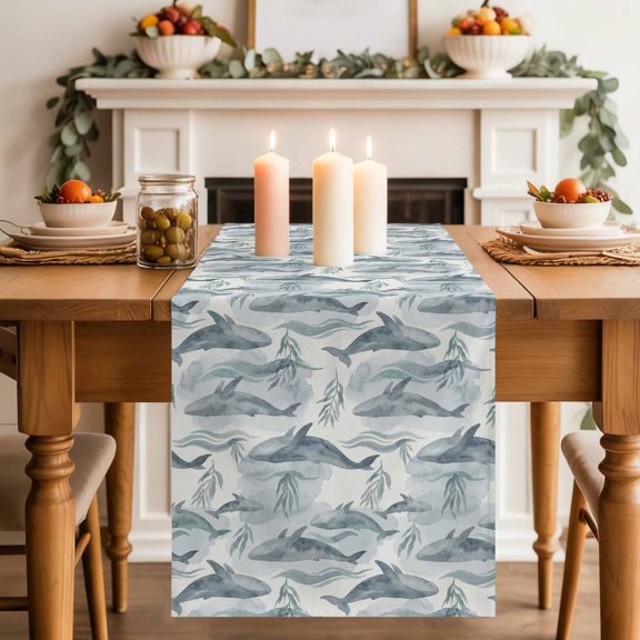 Whales Table Runner, Watercolor Gradient Grey Green Whale Seaweed Beige Cotton Linen Kitchen Table Decoration Washable Dining Tabletop Runners for Home Party Decor 13x36 Inches