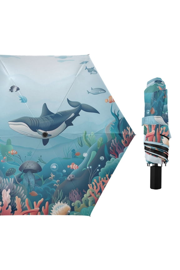 Whales Water Plants All Weather Umbrella Triple Folding Parasol 6 Ribs UV Protection Portable