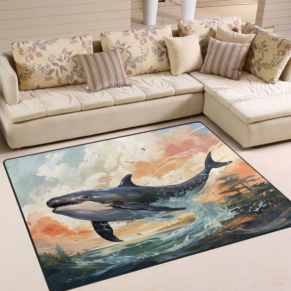 Whales Waves Trees Clouds Area Rug Washable 80 x 58 Floor Carpet Mat Non Slip for Bedroom Living Room Home Decor