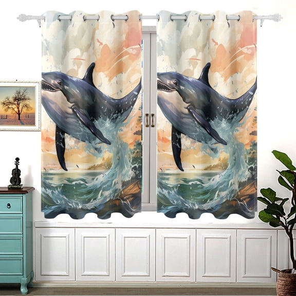 Whales Waves Trees Clouds Black Out Curtains Aesthetic for Bedroom Living Room Sliding Glass Doors Kitchen Windows 2 panels set