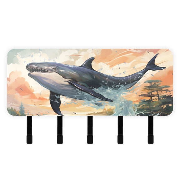 Whales Waves Trees Clouds Mail Holder Organizer Wall Mount with Shelf Key Holder Key Rack with 5 Key Hooks for Wall Decorative