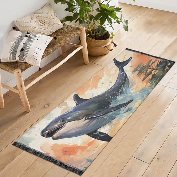 Whales Waves Trees Clouds Runner Rug Machine Washable Area Rugs Carpet Non Slip Entryway Mat for Bedroom Entryway Front Door