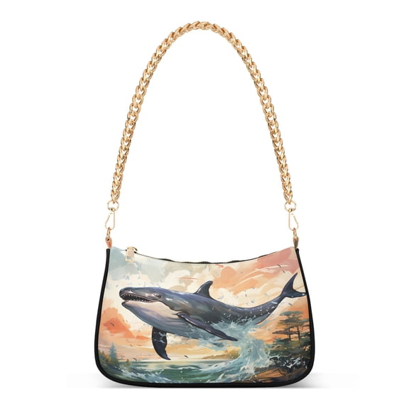 Whales Waves Trees CloudsWomen Small Shoulder Bag Crossbody Tote Hobo Bags Purse Clutch Handbags with Chain Strap for Women