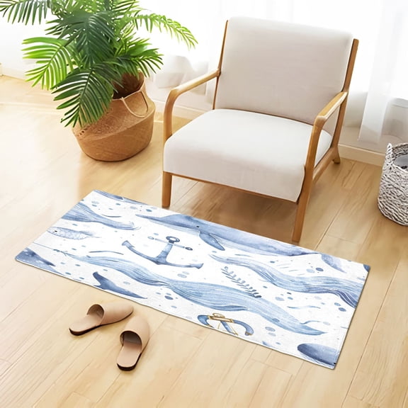 Whales Waves Watercolor Plush Carpet Non Slip Runner Rug Absorbent Bath Mat 39" x 20"