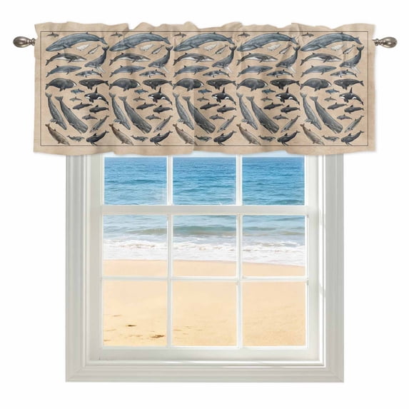 Whales Window Valance for Kitchen, Retro Whales Biographies Linen Texture Rod Pocket Short Curtain for Small Windows, Light Filtering Decorative Valance, 42 x 12 Inch