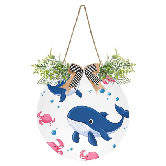 Whales and Crabs on White Front Door Porch Decoration Hanging Sign with Artificial Green Plants and Bow for Home Outdoor Indoor