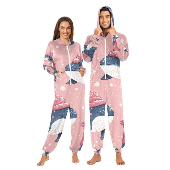 Whales and Snow Adult Onesie Pajamas Slim Fit Christmas One Piece Suit Pjs for Women and Men Hooded Zipper