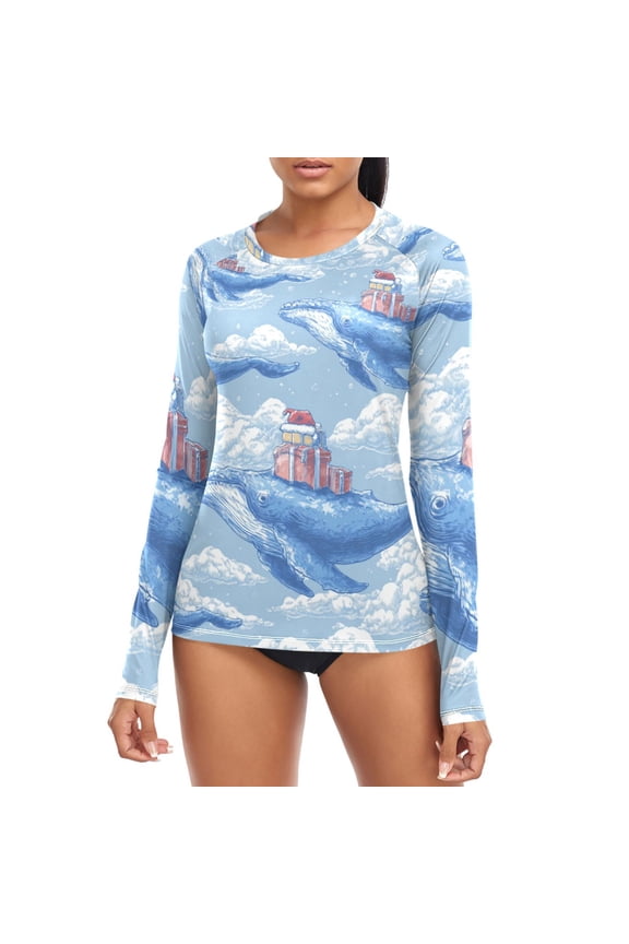 Whales with Christmas Gifts Flying Through Clouds Women's Rash Guard Shirts UPF 50+ Sun Protection Clothing Long Sleeve Swim Suits XS