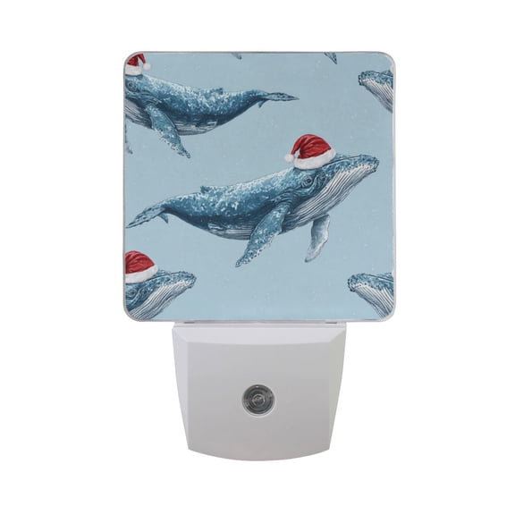 Whales with Christmas Hat Hand Painted LED Night Light Sensor Lamp Plug-in Adjustable Brightness 2 Pack