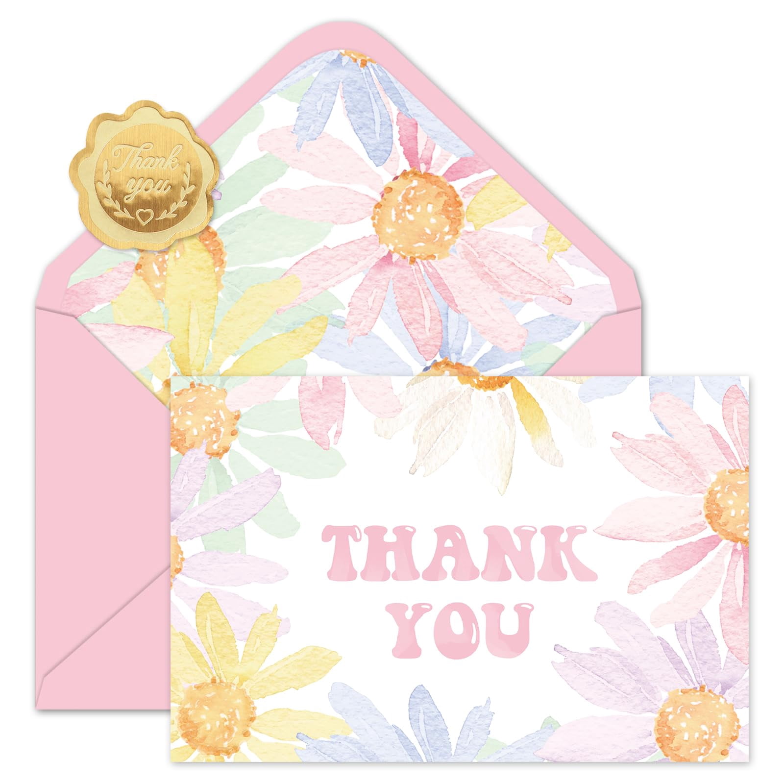 Whaline 24 Pack Pastel Floral Thank You Cards Pink Daisy Flower Note ...