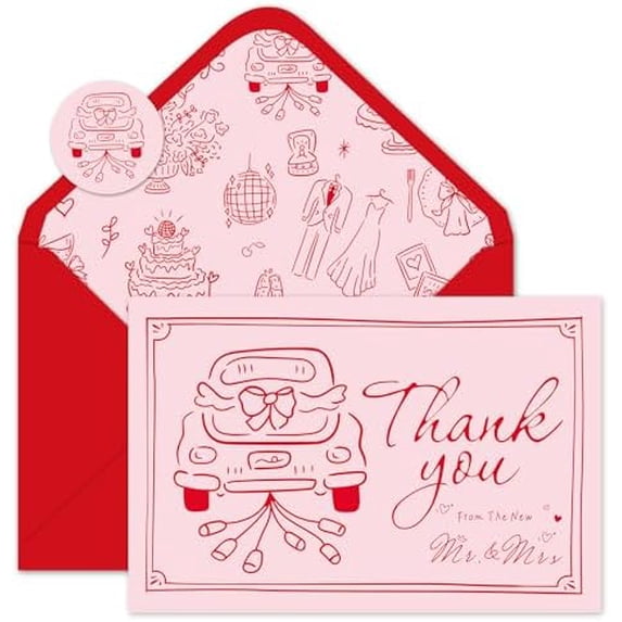 Whaline 24 Pack Wedding Thank You Cards Red Pink Wedding Car Thank You Greeting Note Card from the New Mr & Mrs with Envelope Sticker for Bridal Shower Valentine's Day