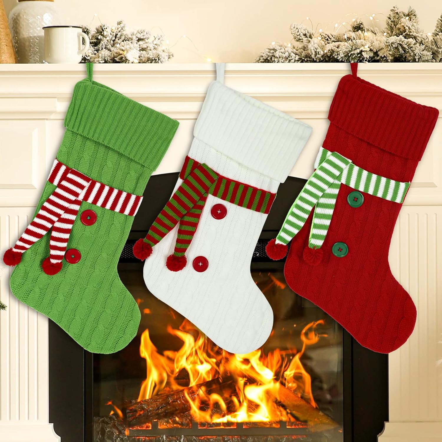 Whaline 3 Pack Knitted Christmas Stocking with Scarf Red Green White Hanging Stockings Classic Xmas Hanging Decorations for Christmas Party Home Fireplace Decor Family Friend Gift, 20inch