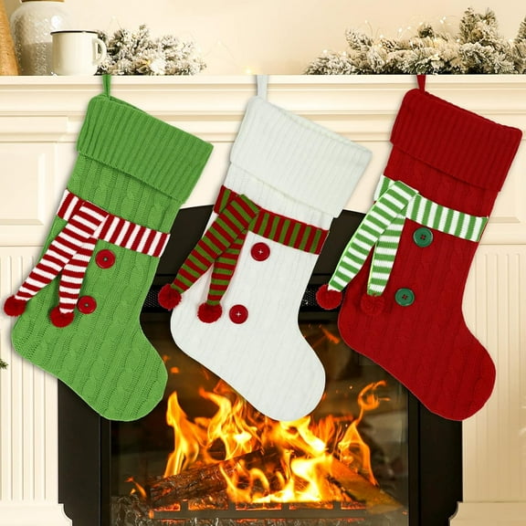 Whaline 3 Pack Knitted Christmas Stocking with Scarf Red Green White Hanging Stockings Classic Xmas Hanging Decorations for Christmas Party Home Fireplace Decor Family Friend Gift, 20inch