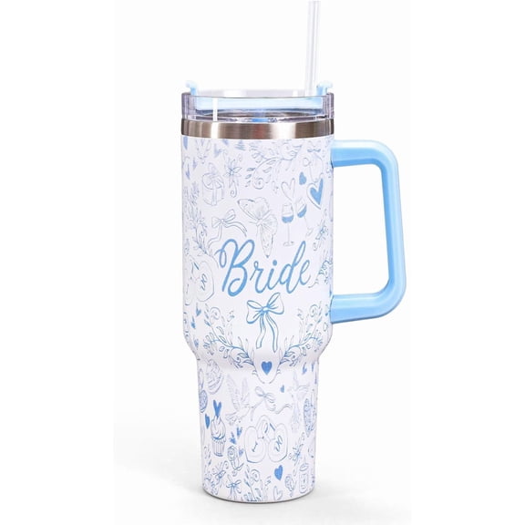 Whaline 40oz Bride Tumbler with Handle Straw and Lid Blue Bow Floral Travel Tumbler Coffee Cup for Women Friend Bridesmaid Wedding Bachelorette Party Favors