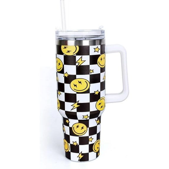 40oz One Happy Dude Tumbler with Handle Straw and Lid Checkered Smile Face Travel Tumbler Happy Face Coffee Cup for Friend Holiday Birthday Party Favors Friend Holiday Birthday Gift
