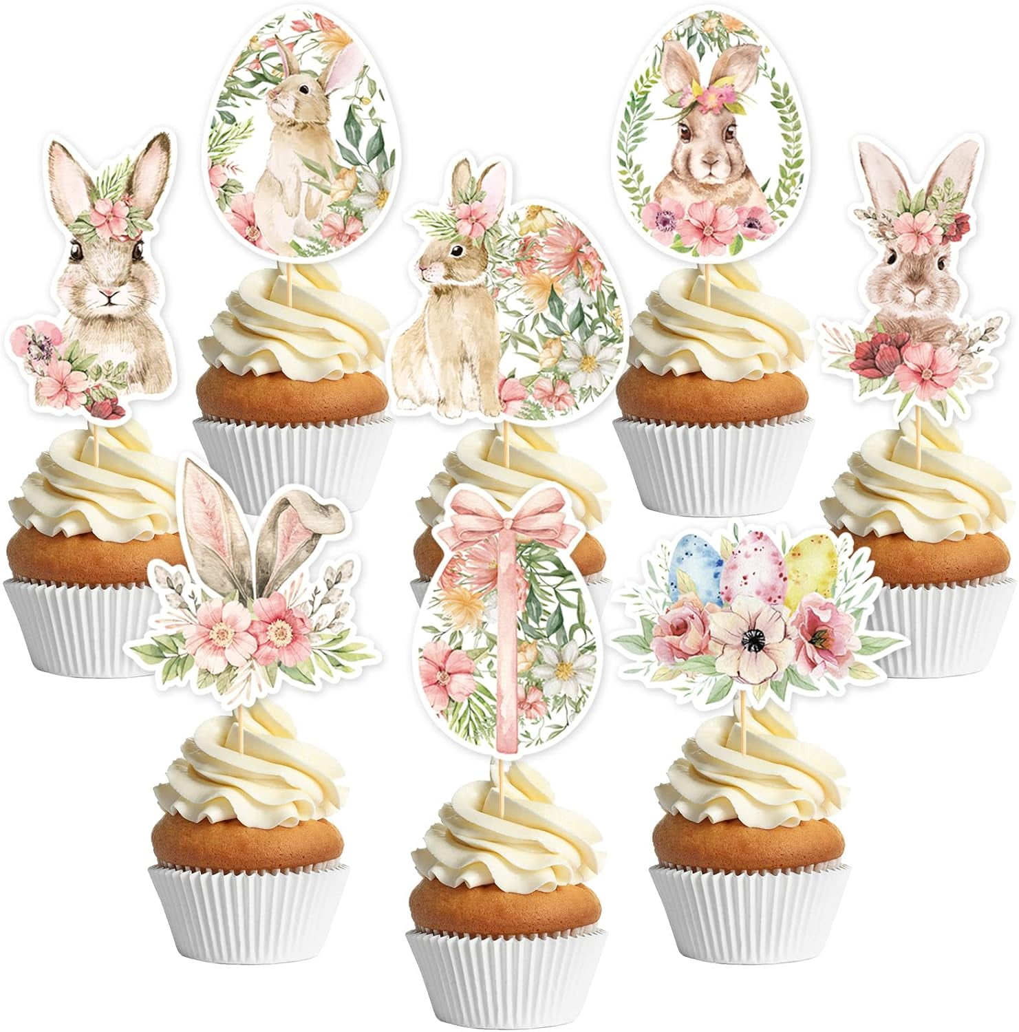 Whaline 48Pcs Easter Cupcake Topper with Sticks Glue Point Watercolor Floral Easter Egg Bunny Cupcake Picks Happy Easter Food Picks for Easter Spring Party Supplies Cake Decorations