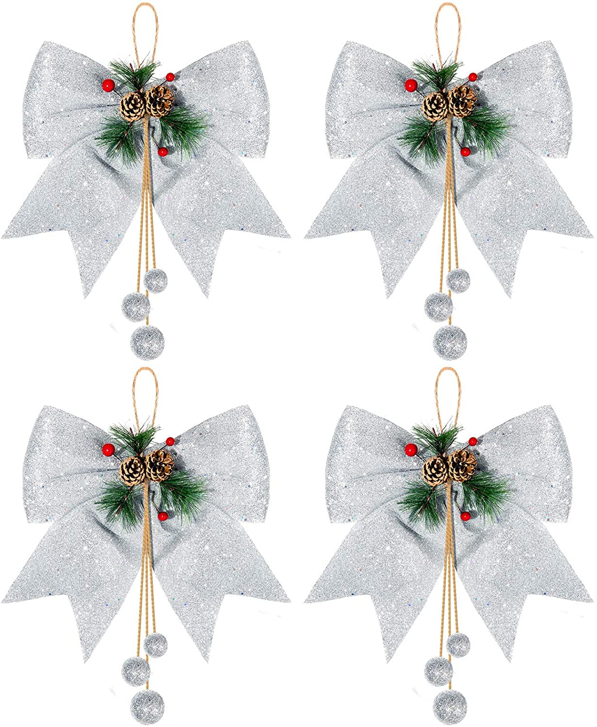 Whaline 4pcs Christmas Bow, Silver Wreaths Bows, Large Glitter Ribbon Bow Tie, Large Xmas Bows, Wreath Ornament Decor for Christmas Tree Party Gift, 9.8 x 11.8