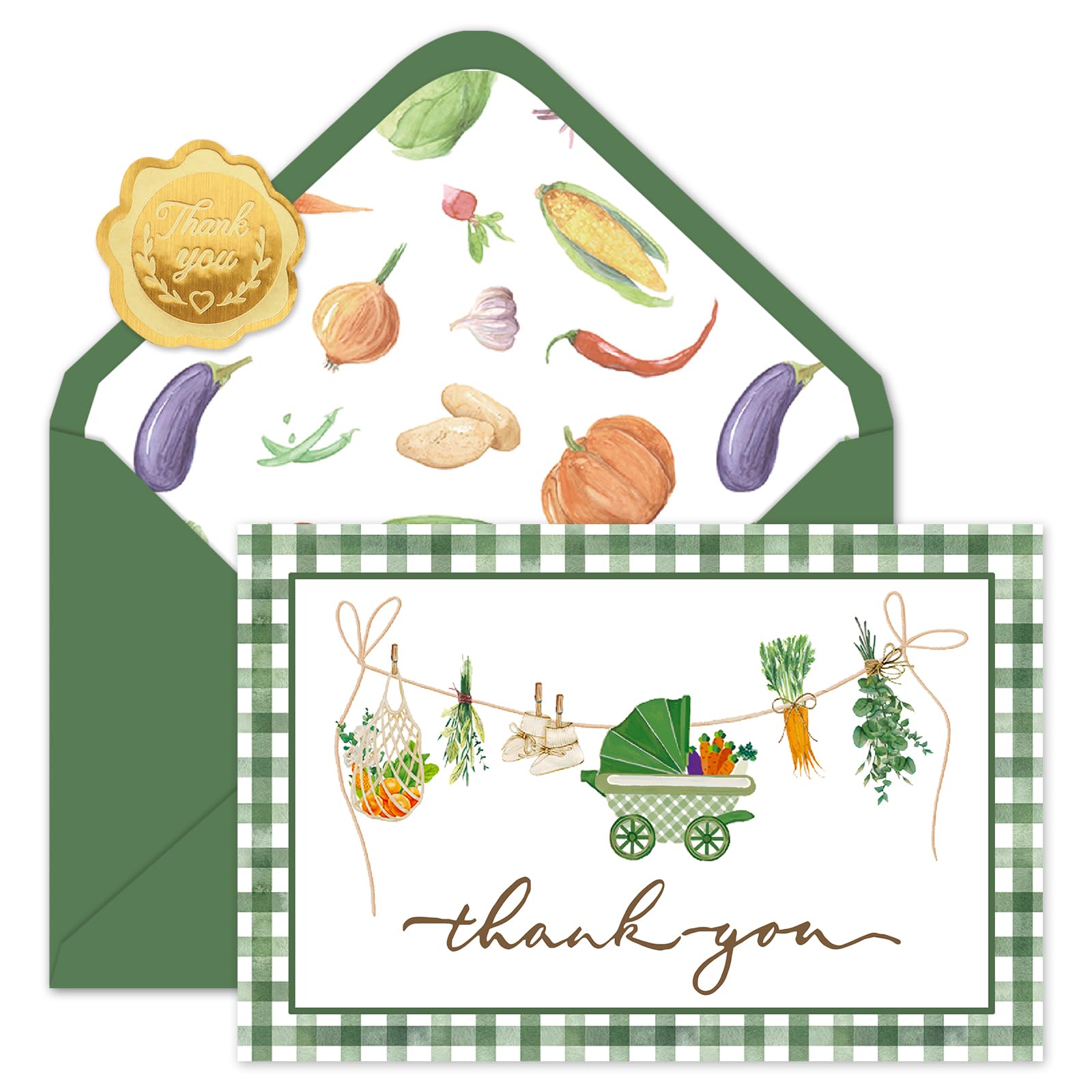 Whaline 50 Pack Baby Shower Thank You Cards Boxed Green Plaid Vegetable ...