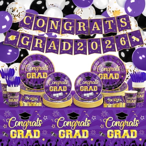 Suknil Graduation Decorations, Class of 2026 Graduations Party Supplies, 227pcs Graduation Disposable Dinnerware Set, Black Gold Graduation Tableware Plates