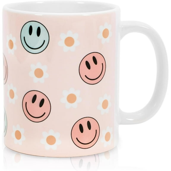 Whaline Smile Face And Flower Mug 11oz Ceramic Coffee Mug Pink Printed Drinking Milk Tea Mug Cup with Handle for Home Office Kitchen Party Supplies