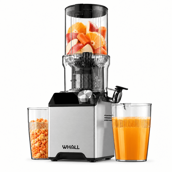 WHALL Cold Press Juicer Machine, 4.35" Wide Feed Chute, 180W Slow Masticating Juicer for Fruits and Vegetables, Soft/Hard Modes, Reverse Function, Easy to Clean, Silver