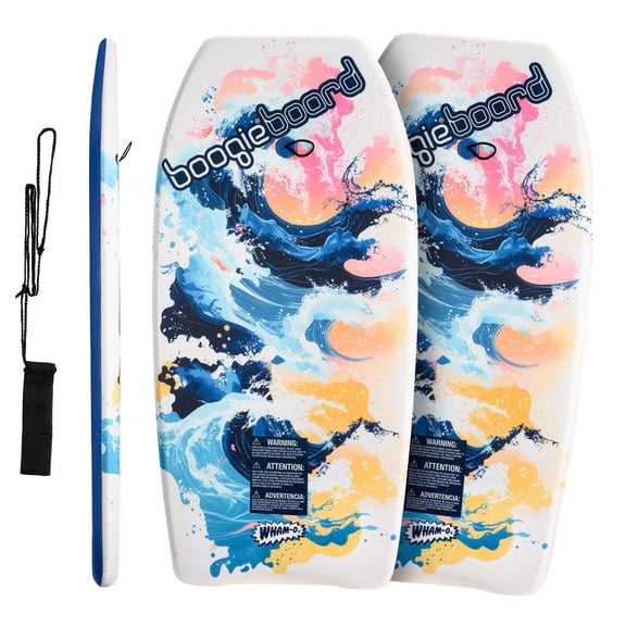 Wham-O 2 Pack 37 Inch Boogie Board, Body Board with Wrist Leash Fiberclad Cover Phuzion Core Crescent Tail for Ocean Kids 8+ Teens Adults - Wave