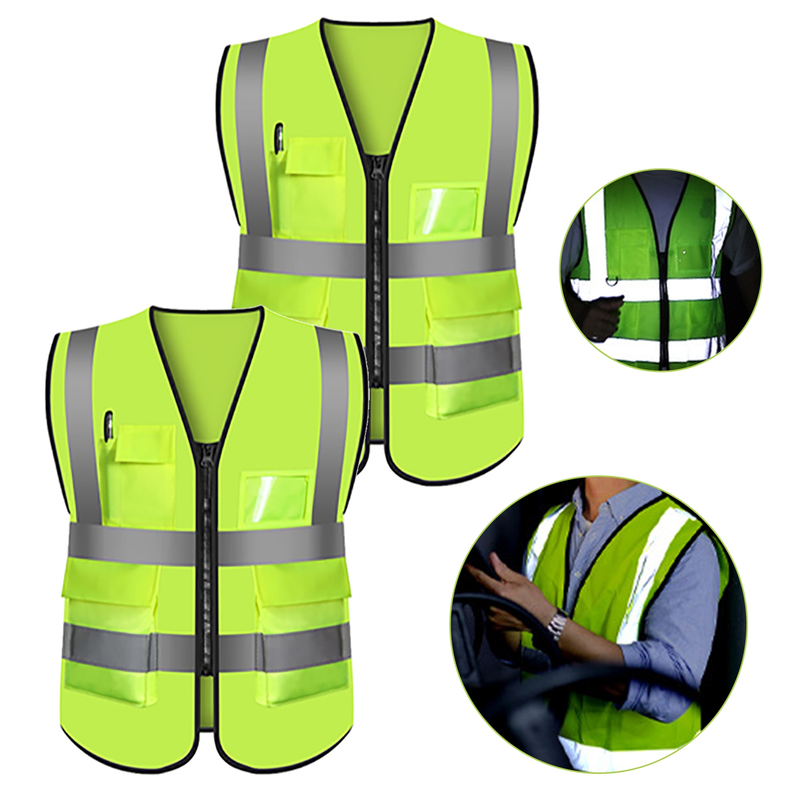 Wharick 2 pcs Reflective Safety Vest Multiple Pockets Zipper Closure