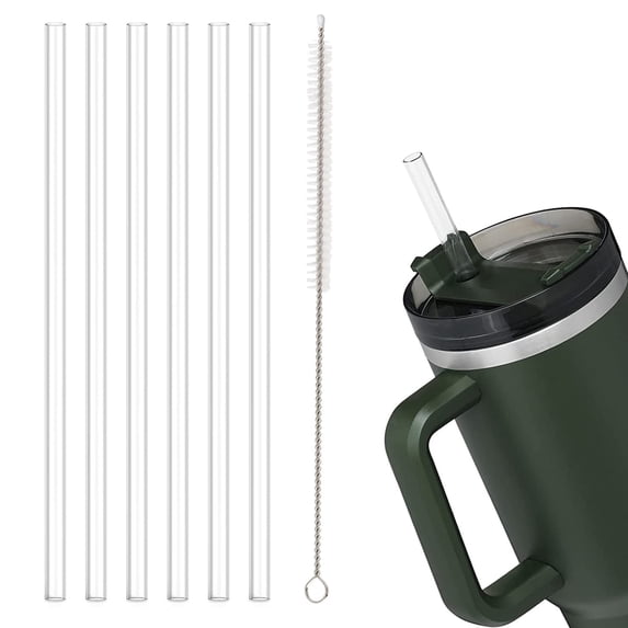KuKeDi 6-Pack Replacement Straws Compatible with Stanley 40 oz 30 oz Tumblers, Reusable Hard Plastic Clear Straws with Cleaning Brush