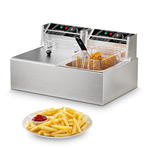 Wharick Electric Deep Fryer 6.35QT Oil Fryer Commercial Deep Fryer Capacity Stainless Steel Countertop Fryer Adjustable Temperature with 2 x Frying Basket for French Fries, Chicken
