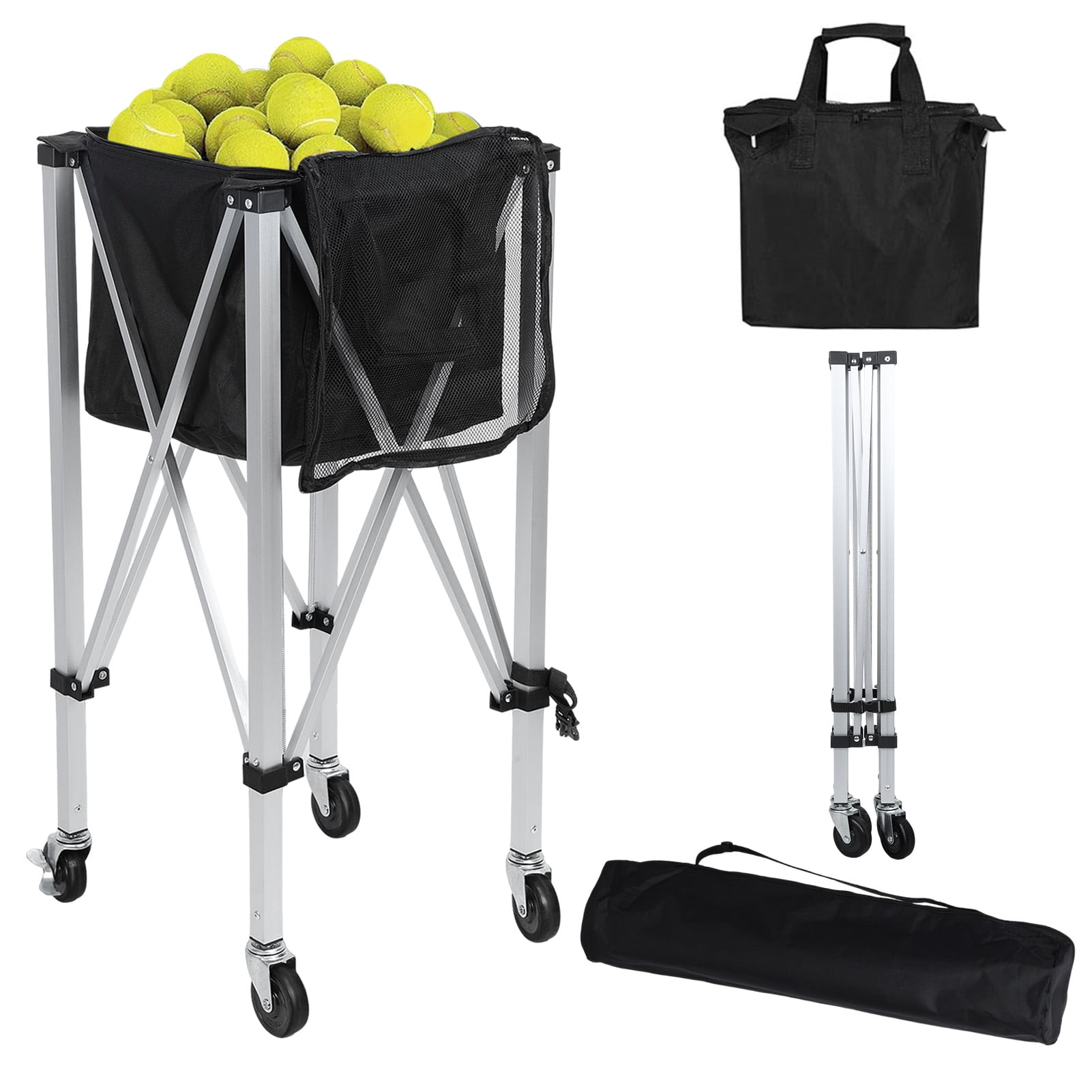 Wharick Foldable Tennis Ball Cart for Pickleball, Squash Holds 160 Balls Wheeled Tennis Ball Hopper Sports Teaching Carts with Storage Bag for Ball Sports Lovers Gifts