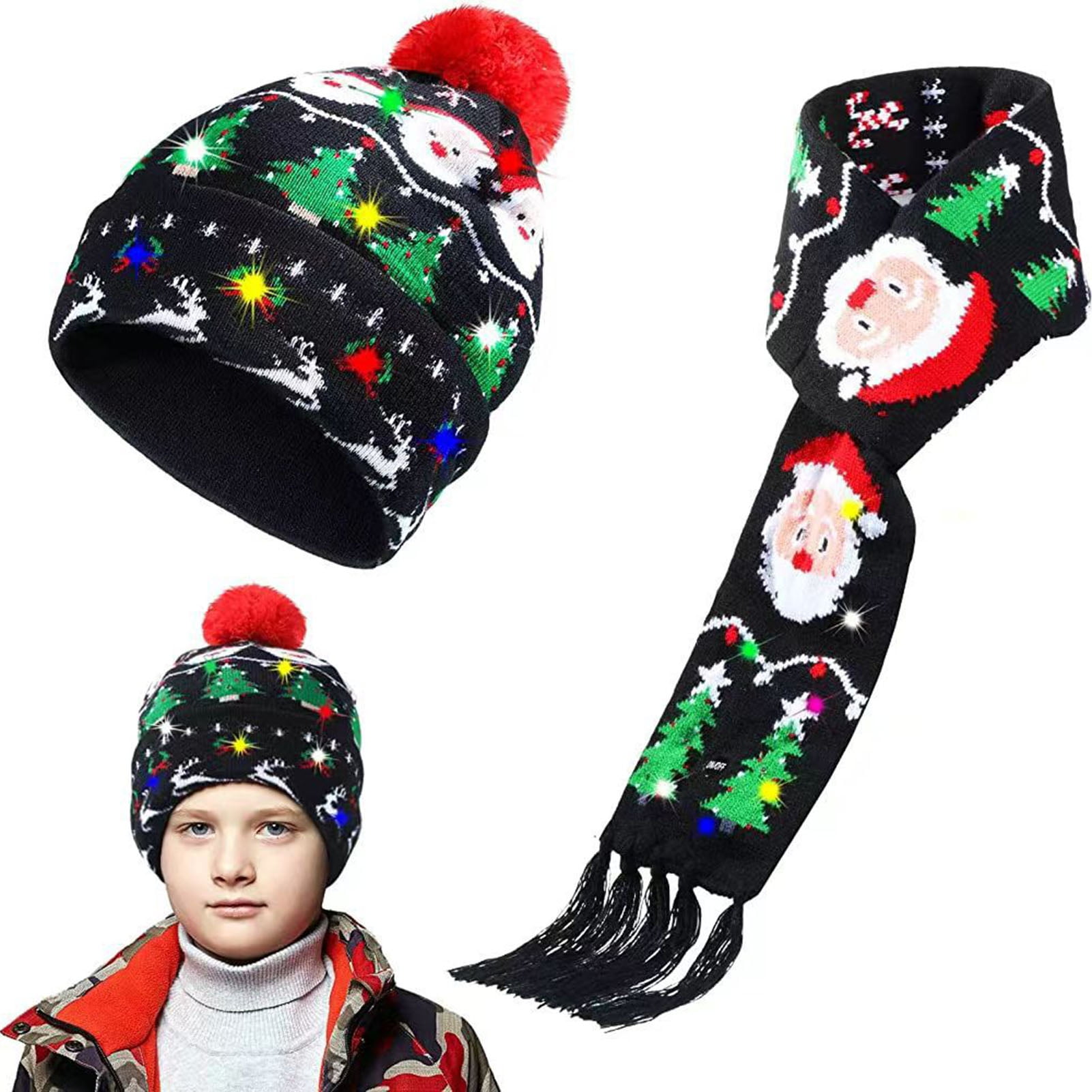 Wharick LED Christmas Hat and Scarf Set - Snowflake, Santa, Elk, and Christmas Tree Print 