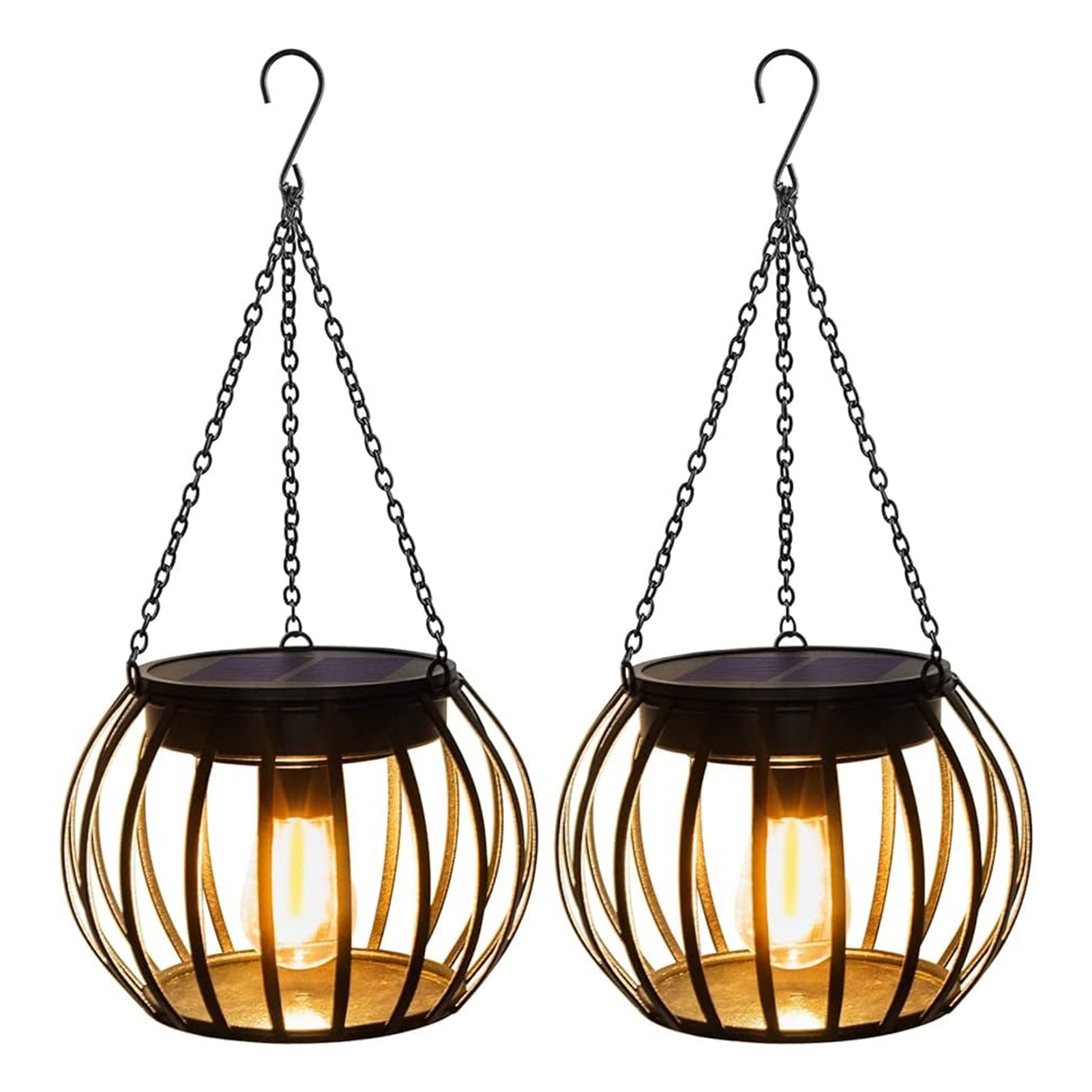Black Metal Solar Powered Hanging Lanterns, 2-Pack