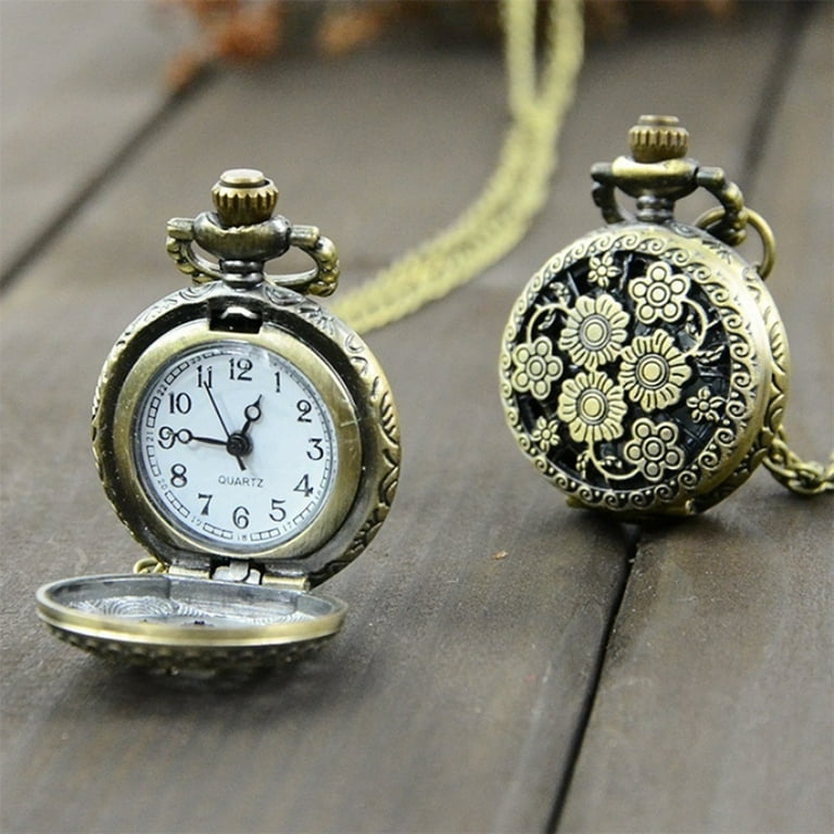 Wharick Vintage Quartz Pocket Watch Necklace, Carving Pendant