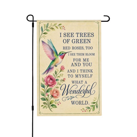 What A Wonderful World Vintage Hummingbird Garden Flag Inspirational Peace Yard Decor 12x18 in