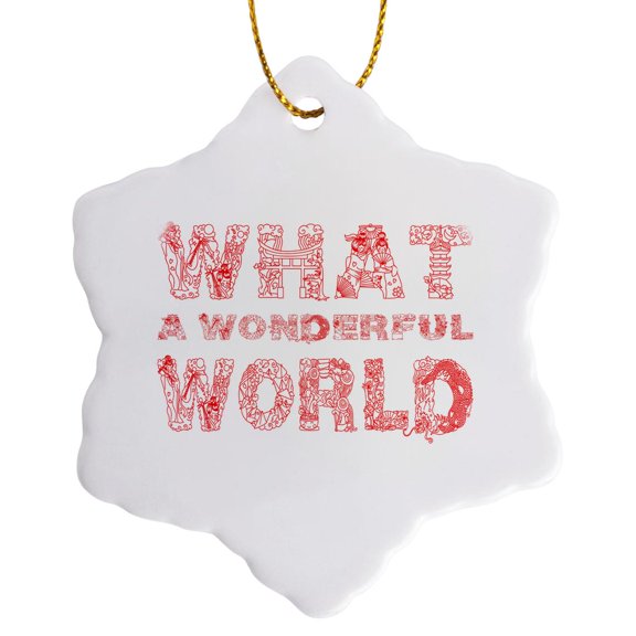 3drose, What a Wonderful World Zen Beautiful Typography Text, Red on White, 3 inch Snowflake Porcelain Ornament