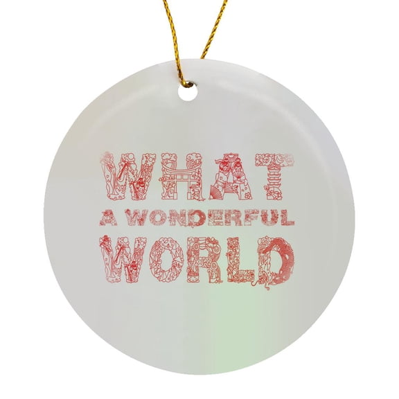 3drose, What a Wonderful World Zen Beautiful Typography Text, Red on White, Circle Porcelain Ornament