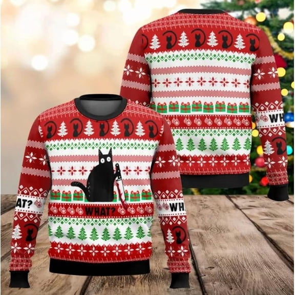 What Cat 3D Christmas Sweater, Funny Black Cat Holiday Sweatshirt, Cat Meme 3D Sweater, Christmas Clothing, Back Cat 3D Sweater