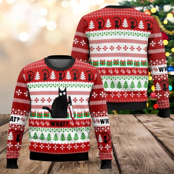 What Cat 3D Christmas Sweater, Funny Black Cat Holiday Sweatshirt, Cat Meme 3D Sweater, Christmas Clothing