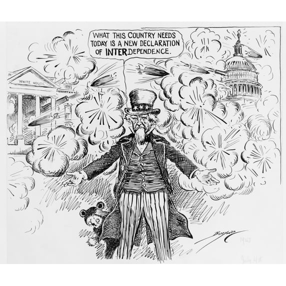 'What This Country Needs Today Is A New Declaration Of Interdependence'. The Clifford Berryman Cartoon Refers To Friction Between The President And Congress Over How To Conduct The World War 2. July 4