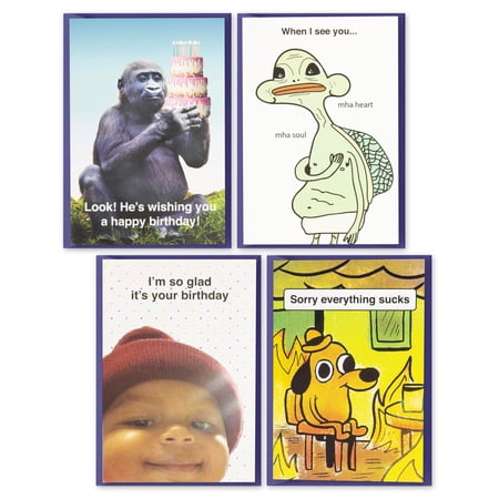 What Do You Meme?® Greeting Cards Bundle: (Birthday, Thinking of You & Just Because) Card Pack, 4-Count (Envelopes Included)