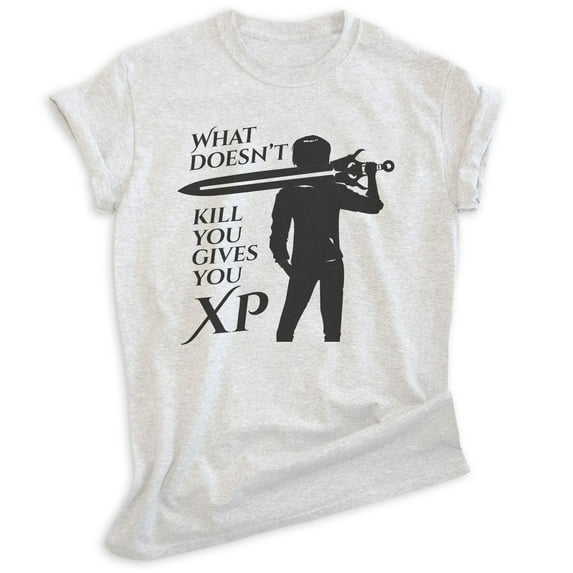 What Doesn't Kill You Gives You XP Shirt, Unisex Women's Men's Shirt, RPG Gaming Tee, Fantasy Gamer Tee, Heather Ash, XX-Large