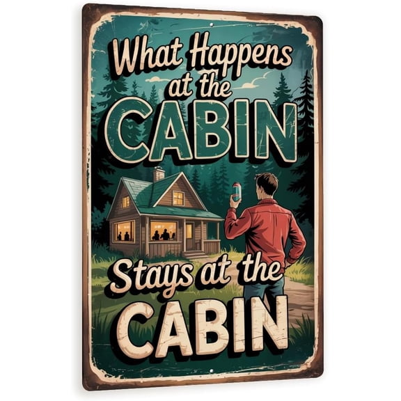 What Happens At The Cabin Stays At The Cabin Sign  8x12 Vintage Metal Wall Art, Rustic Forest Lodge Decor, Funny Outdoor Cabin Plaque