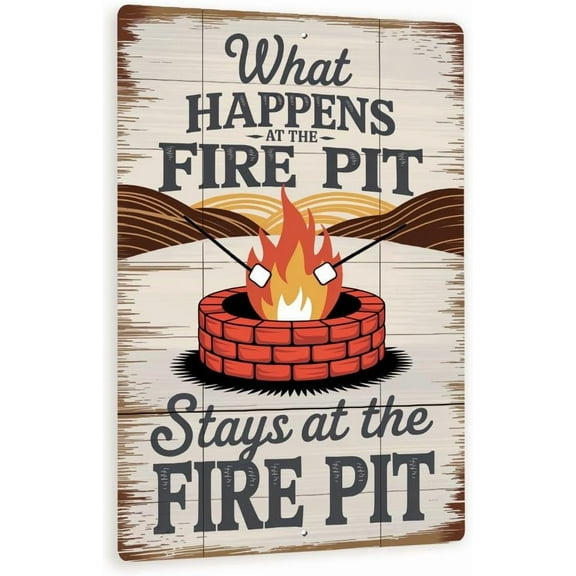 What Happens At The Fire Pit Sign Vintage Campfire Metal Wall Art, Rustic Smores Decor For Cabin, Patio, Or Backyard BBQ 8x12