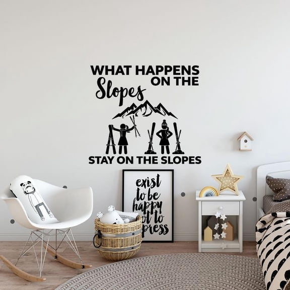 What Happes On The Slopes Stay On The Slopes - Skiing Team Snow Sports Silhouette Vinyl Wall Sticker Art Decal Sports Boys Girls Kids Room Bedroom Skiing Wall Sticker Vinyl Decoration Size(24x40 inch)