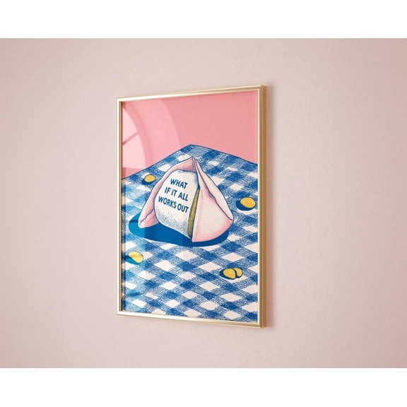 What If It All Works Out Retro Pink Blue Cookie Fortune Positive Wall Art, Unframed Paper Poster 8x10in