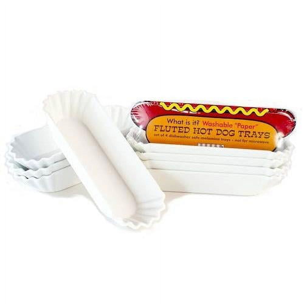 "What Is It?" Set of Four Reusable Melamine Hot Dog Dish Trays, 5.5 Inch (1, A)