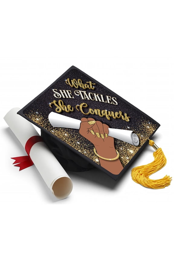 What She Tackles - Black Queen - Grad Cap Tassel Topper