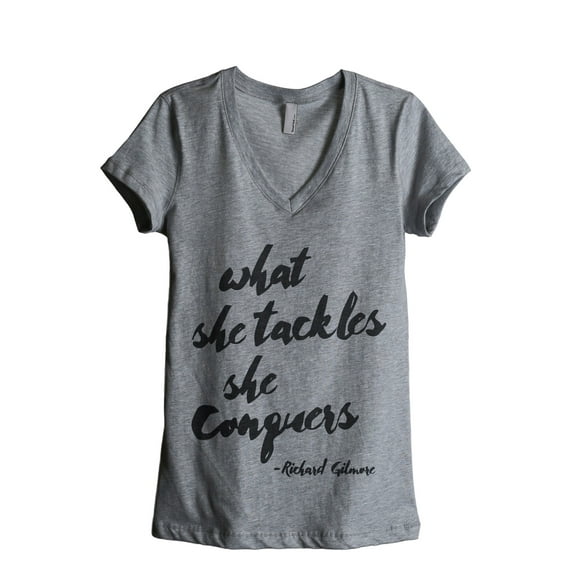 What She Tackles She Conquers Women's Fashion Relaxed V-Neck T-Shirt Tee Heather Grey 2X-Large