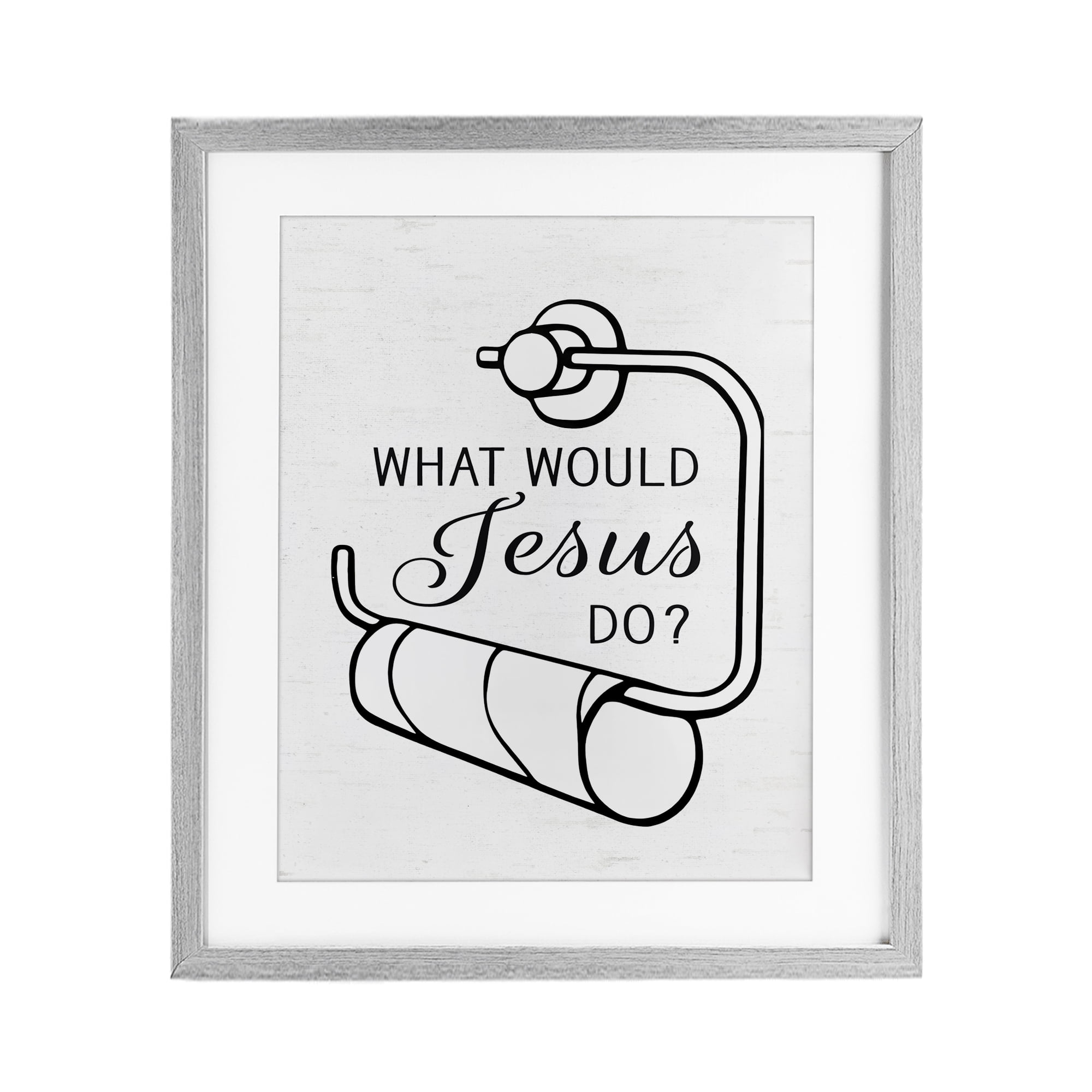 What Would Jesus Do Toilet Paper Gray Framed Print Under Glass, design by Lettered and Lined