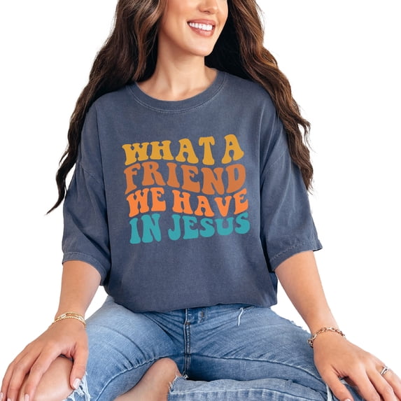 What a Friend We Have in Jesus, Friendship with Christ Quote, Groovy Retro Wavy Text, Denim Comfort Colors T-Shirt, 3XL